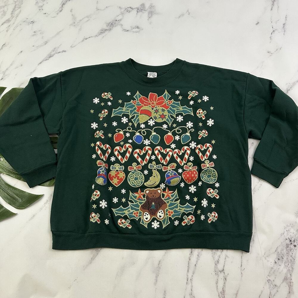 Sun Womens Vintage 90s Christmas Holiday Sweatshirt Sweater Size XL Green Gold